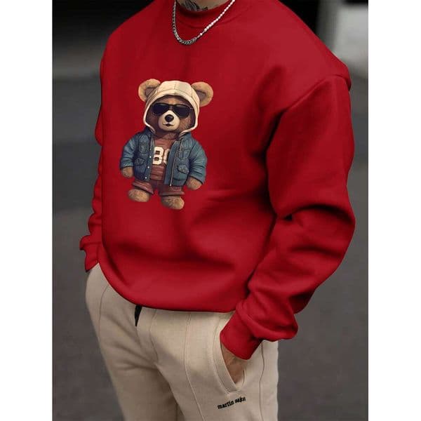 Men's Casual Polyester Sweatshirts Teddy Bear Print Long Sleeve Pullover Crew Neck Loose Fit Slight Stretch Knit Fabric Daily Outfit
