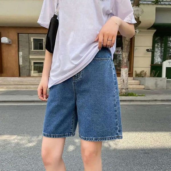 Lady Jeans Vintage Denim Shorts With Adjustable Waist Pockets For Women Knee Length A-E Pants Plus Size Stylish Buttoned