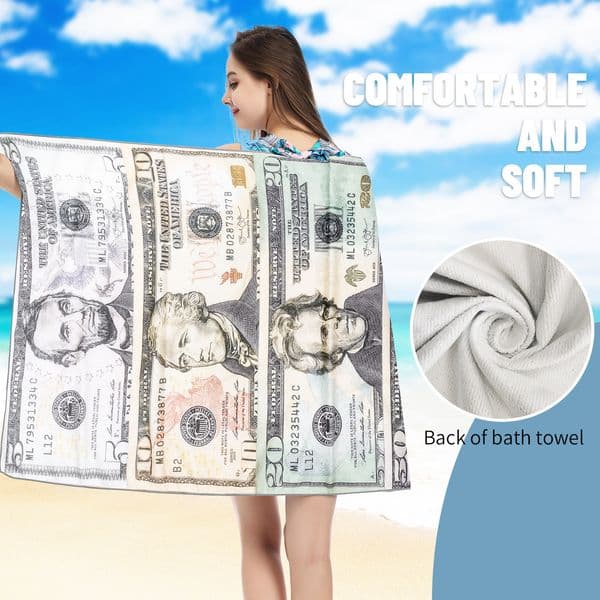 MUTAO Premium Microfiber Dollar Print Swimming Bath Towel, Absorbent Quick-Dry, Soft Lightweight Multi-Use, Fun Unique Colorfast for Home Bath, Travel, Beach Trip.
