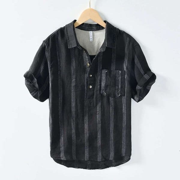 Japanese Vintage En Shirt Men 2023 Spring Summer New Khaki Lapel Striped Short Sleeve Shirts Plus Size Casual Pullover Tops