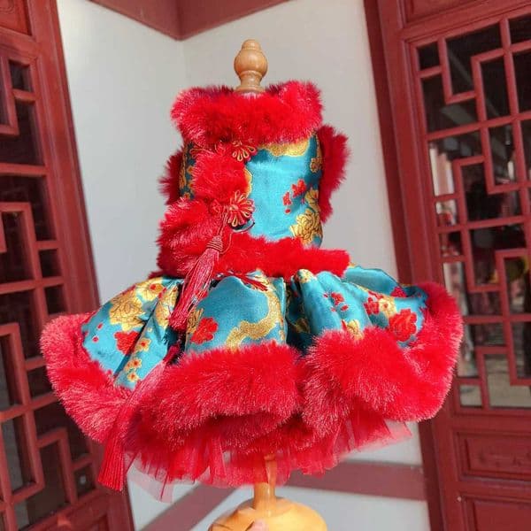 Chinese Style Luxury Pet Dog Clothes Embroidery Print Thick Plush Coat Dress For Small Medium Dogs Poodle Winter Puppy Outfits C251118
