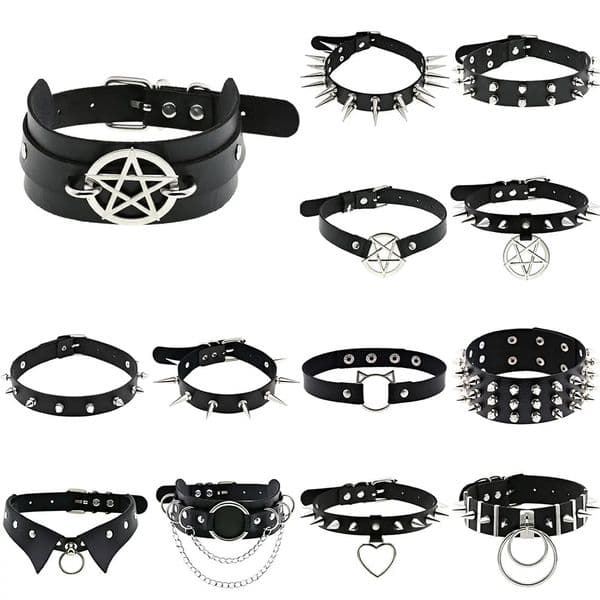 Black Necklace Vintage Charm Gothic Spike Rivet Collar Pendant Leather Pentagram Harajuku Women Punk Choker Necklace 251113