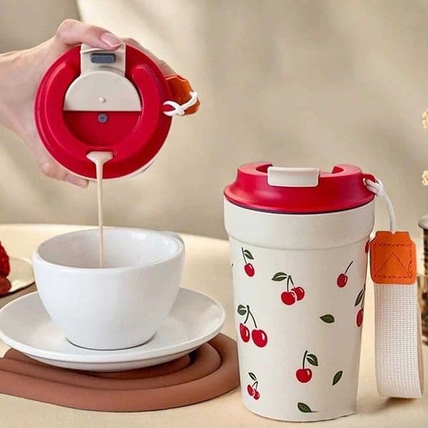 350/400ML Plastic Coffee Mug With Cherry Pattern Travel Portable Water Bottle Tumbler Sealed Leak Proof Drinking Cup Drinkware Y251118