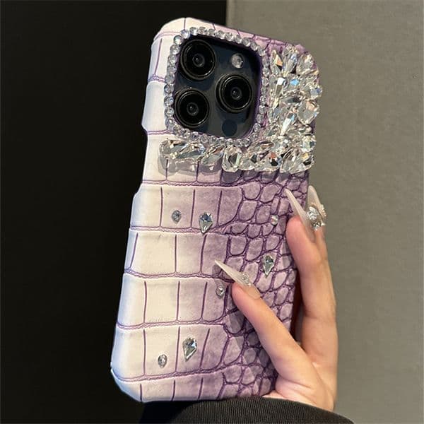 New Fashionable Handmade rhinestone Phone Case Suitable for Apple Pro Max Violet Crocodile Pattern Phone Case Trendy Designer Apple Phone Case