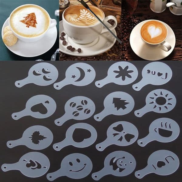 16Pcs Mold Coffee Milk Cake Cupcake Stencil Template Coffee Barista Cappuccino Template Strew Pad Duster Spray Tools 250414BJ