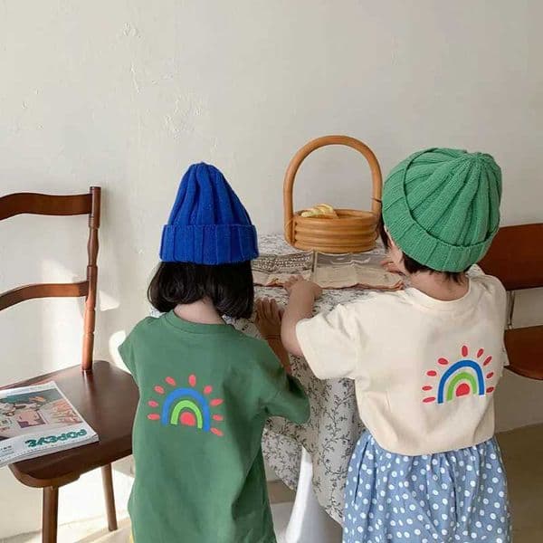 Milan Kerr Childrens T-shirt Rainbow Printed Top Pure Cotton Top O-neck Short Sleeve Boys and Girls Clothing Z250325