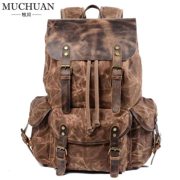 MUCHUAN Oil Waxed Traveling Students Rucksacks Large Capacity Waterproof Laptop Daypacks Pure Cotton Canvas Leather Backpacks 251111