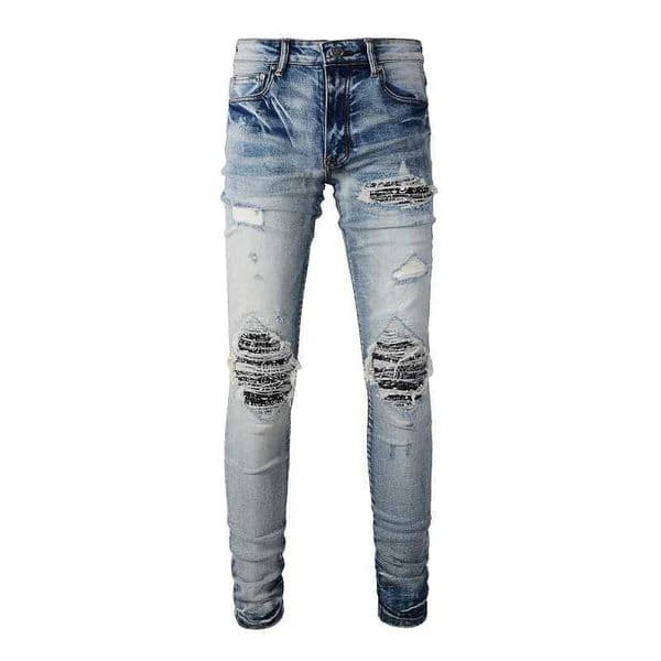 Men Paisley Bandana Print Patch Jeans Strtwear High Stretch Denim Pants Holes Ripped Patchwork Skinny Tapered Trousers T251118