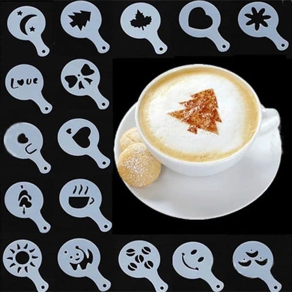 16pcs Coffee Stencils Fancy Coffee Printing Model Foam Cake Stencils Plastic Coffee Drawing Cappuccino Mold Powdered Sieve Tools 250414BJ
