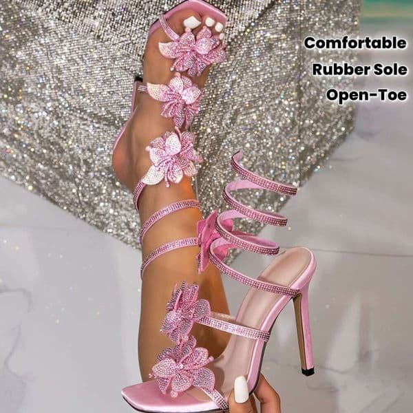 Women's Elegant Rhinestone-Adorned Ankle-Strap High Heel Sandals - Sparkling Pink Floral Stiletto Wedding Party Shoes, Slip-On Open-Toe Luxury Sparkly Evening