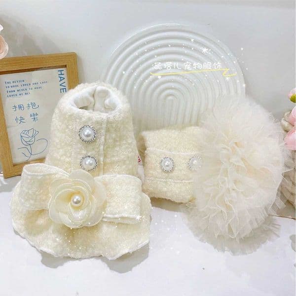 Autumn Winter Puppy Woolen Dress - Beige Mesh Patchwork Design Warm Woolen Coat Style Dog Clothes For Small Dogs C251118