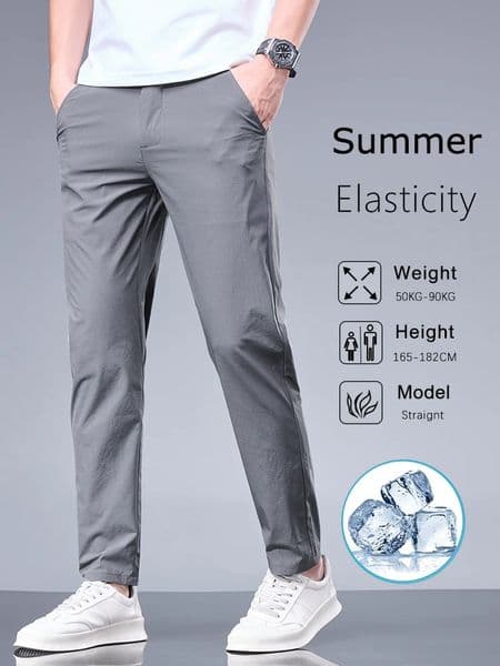 Summer Business Ice Silk Pants Straight Elastic Waist Black Grey Trouser Breathable Simple Mens Clothing Casual Set Pants 250410