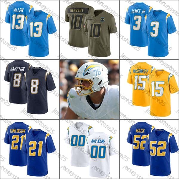 Justin Herbert Football Jersey Los Angeles Omarion Hampton Ladd McConkey Khalil Mack Derwin James Jr. Joe Alt Daiyan Henley Keenan Allen Chargerss Jerseys