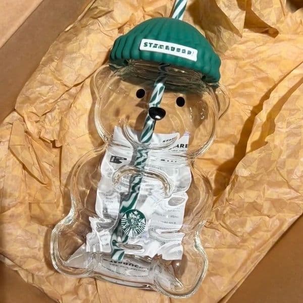20oz Bear Tumblers Straw Cute Transparent Glass Cup with Hat Iced Coffee Cold Drink Gift Water Bottle L260601