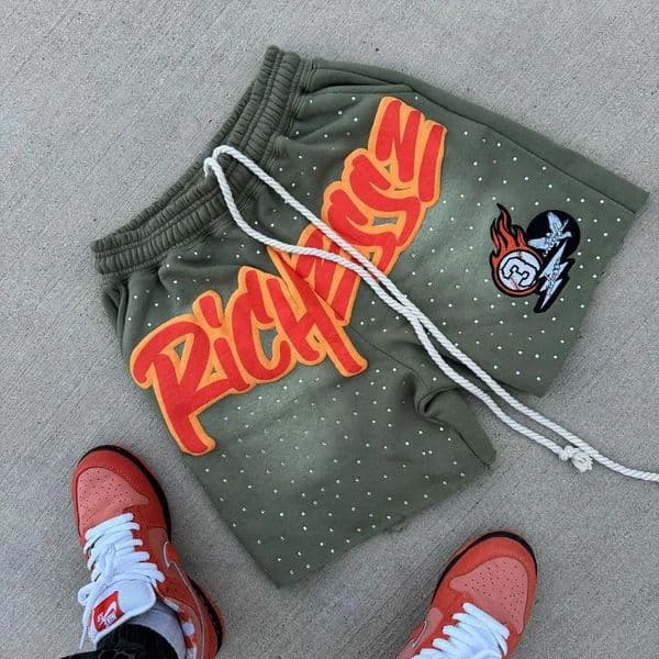 Letter Print Mens Street Shorts Fashion Rhinestone Basketball Loose Casual Sports 250418BJ