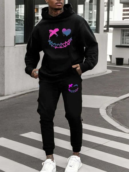 Mens Autumn/Winter Casual Fashion Warm Smiling Face Pattern Printed Loose Thick Velvet Sports HoodieSweatpants Set M251118