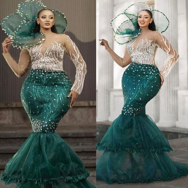 2026 Hunter Green Mermaid Prom Dress Evening Dresses Formal Gowns For Special Occasions Illusion Sheer Neck Long Sleeves Beaded Lace Crystals Birthday Dress AM3087