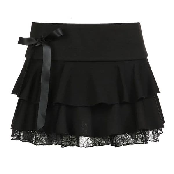 Goth Y2K Black Lace Ornament Bow Aline Mini Skirt Womens Korean Street Clothing 250418