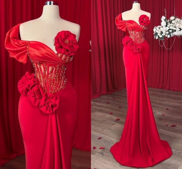 Red Glitter Sequined Prom Dresses For African Back Girls Ruched Flower One Shoulder Special Occasion Gowns Corset Sexy Reception Evening Birthday Dress Lg0675 Y