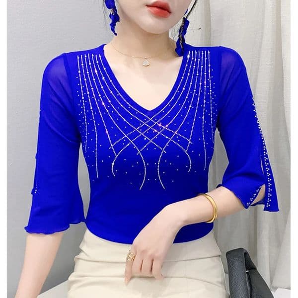 2025 Spring Summer Mesh Tops Korean Fashion Diamond T Shirt Slim 3/4 Sleeve Hollow Out Casual Women Shirt 250415