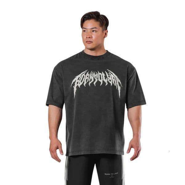 Brown to LYFT death metal big Tshirt mens oversized wash muscle fitness cotton retro gym training shirt 250411Z