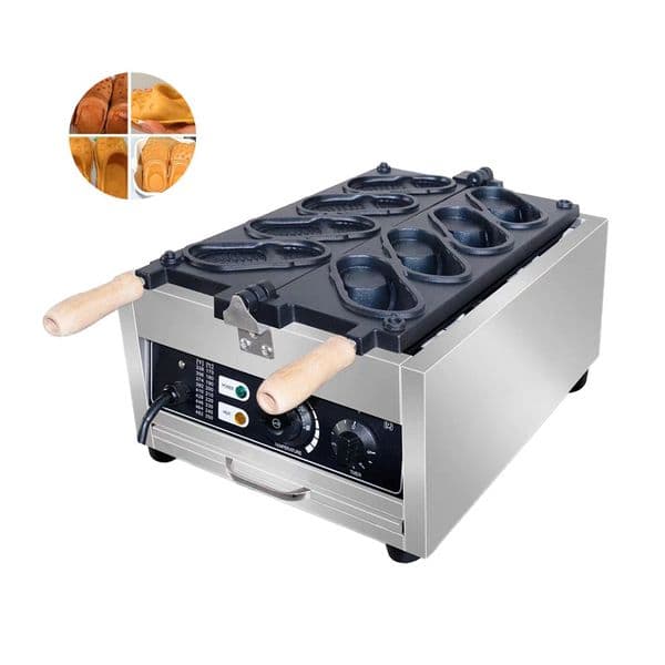 4Pcs New Design Commercial Electric Non-Sticking Stainless Steel Hole Shoes Waffle Maker Machine Slippers Shape Snack Equipment