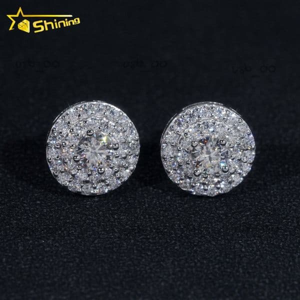Pass Diamond Tester 925 Sterling Silver Round Cluster Iced Out Mens Moissanite Stud Earrings