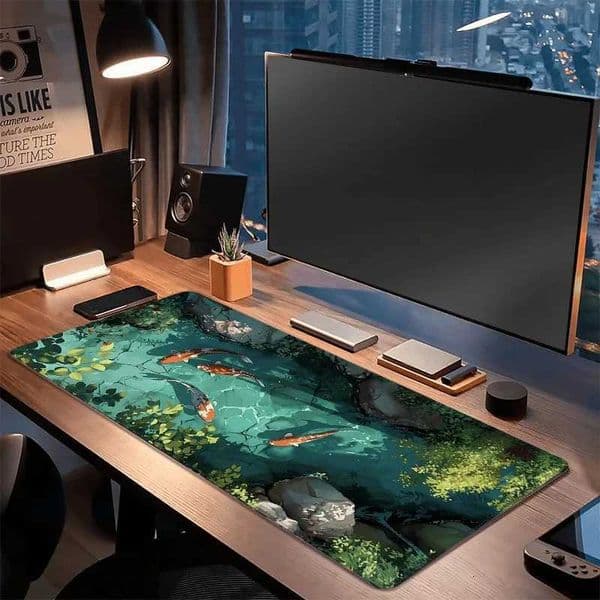 Large koi patterned desk mat sewn edge gaming mouse mat with beautiful natural scenery durable and smooth surface suitable foM251119