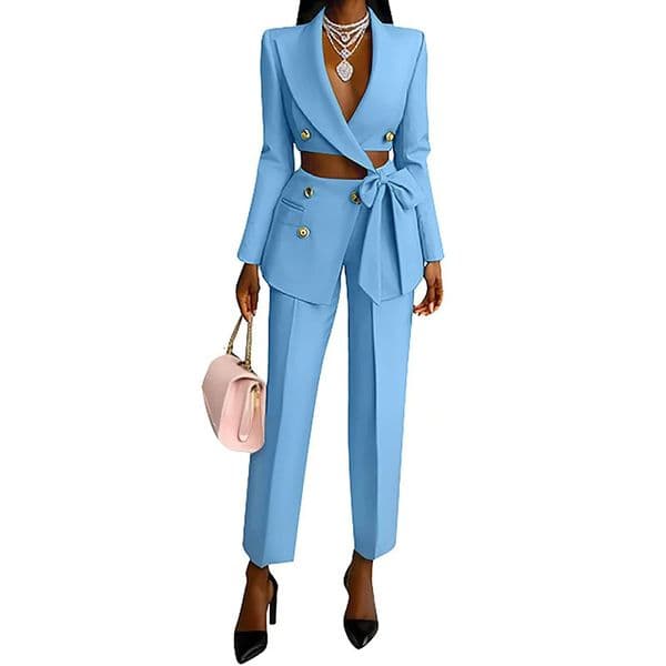 Elegant Lapel Bow Lace-up Blazer Long Pant Set Women Casual Long Sleeve Solid Two Piece Suit Fashion Button Commuting Outfits 251114