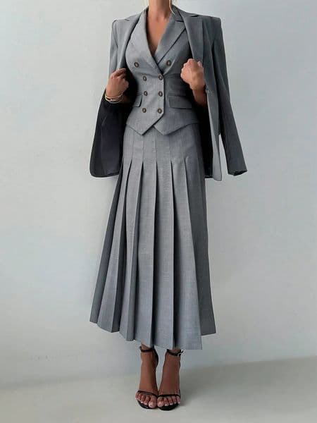 3piece elegant womens work and leisure business set spring and summer fit vest pleated Midi skiing suitable for office ladies 250411BANJIA