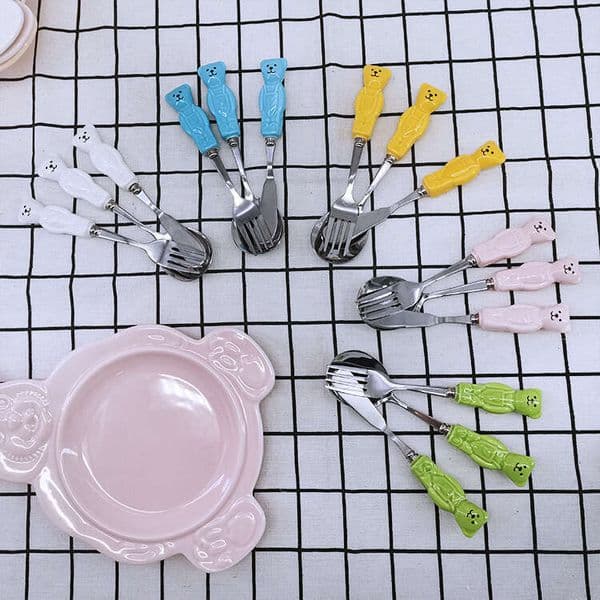 Bear Shape Ceramic Stainless Steel Tableware Dessert Fruit Fork Children's Eating Spoon Cute Style for Girls