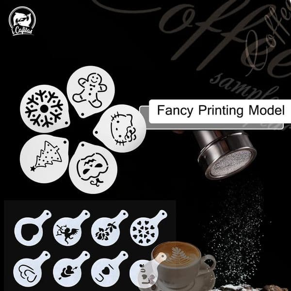 icafilas Fancy Coffee Printing Model Foam Spray Cake Stencils Coffee Sifter Coffee Drawing Cappuccino Mold Powdered Sugar Sieve 250414