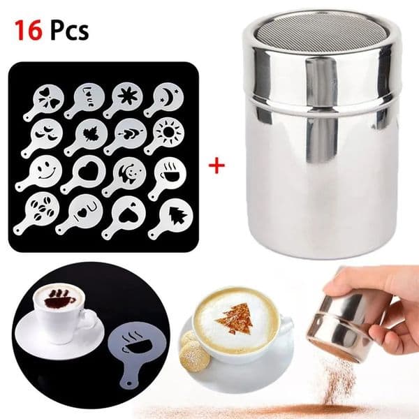 Stainless Steel Chocolate Shaker Cocoa Flour Coffee Sifter 16Pcs Coffee Stencils Template Strew Pad Duster Spray Tools 250414