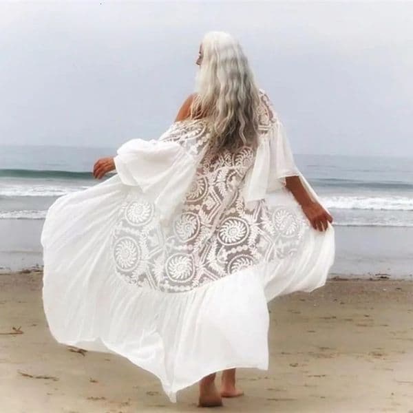 Fashion Patchwork Lace Bikini Cover Up See Through Swim Cardigan Over Size Holiday Wear Swim Ruffle Kaftan Beach Dresses 250415