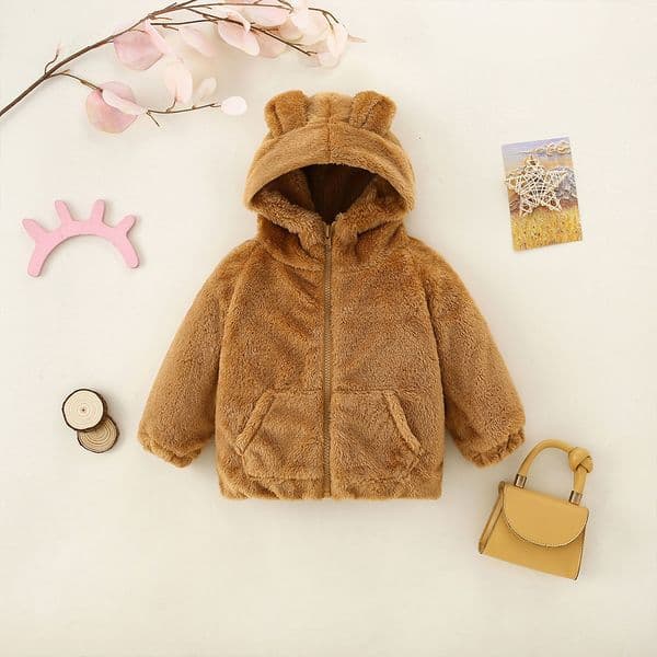 New designer plush jacket, fashionable children's clothing hooded, solid color zipper, multifunctional European and American style jacket