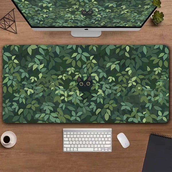 Cute Green Desk Mat Kawaii Black Cat Mousepad Aesthetic Plants Nature Laptop Rug Round Mousepad Large Gaming Deskmat mouse PadM251119