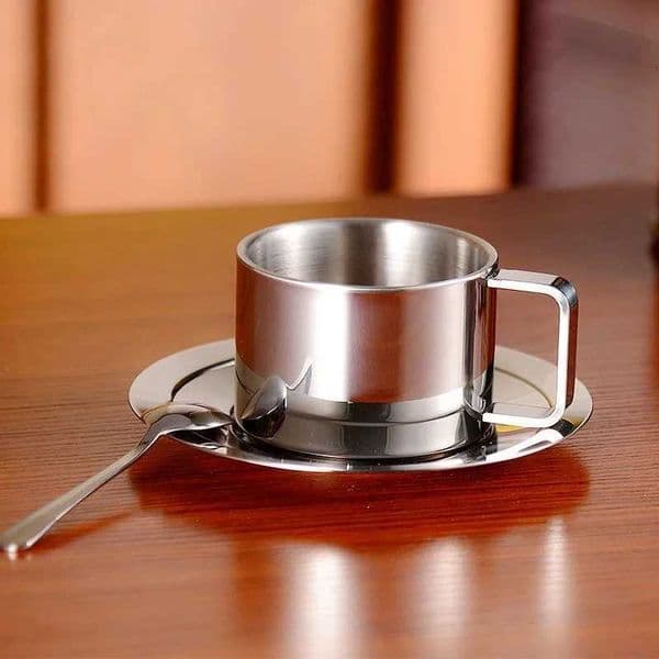 1Set Stainless Steel Coffee Cup Set Double Walled Heat Resistant Mug with Saucer Spoon Drink Tableware Kitchen Cafe Accessories Y251119