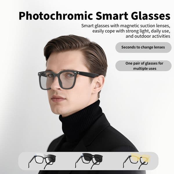 Smart Glasses Photochromism Wireless Bluetooth Sunglasses Quick Mirror Change Built-in Microphone Speakers Touch & Voice Assistant Compatible Glass for Men Women
