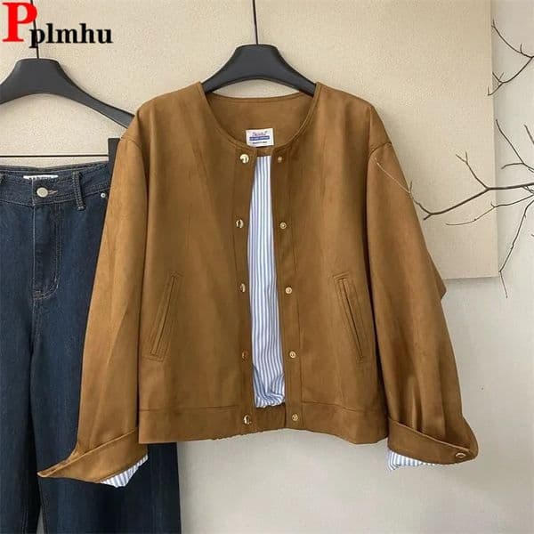 Artificial suede leather Oneck jacket top Korean retro slim fit elegant and casual Jaqueta spring autumn womens vest Casaco 250418