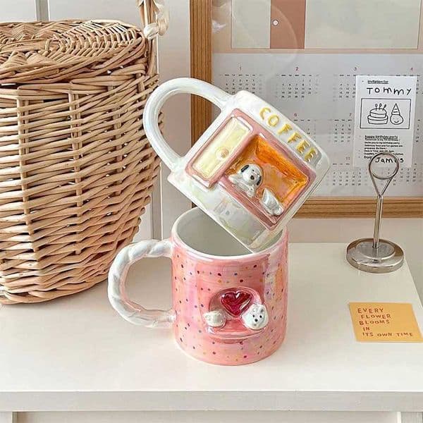 Puppy Mug Creative Cute Pearl Relief Handmade Exquisite Coffee Mug Vintage High Appearance Level Ceramic Cup Couple Coffee Mug Y251119