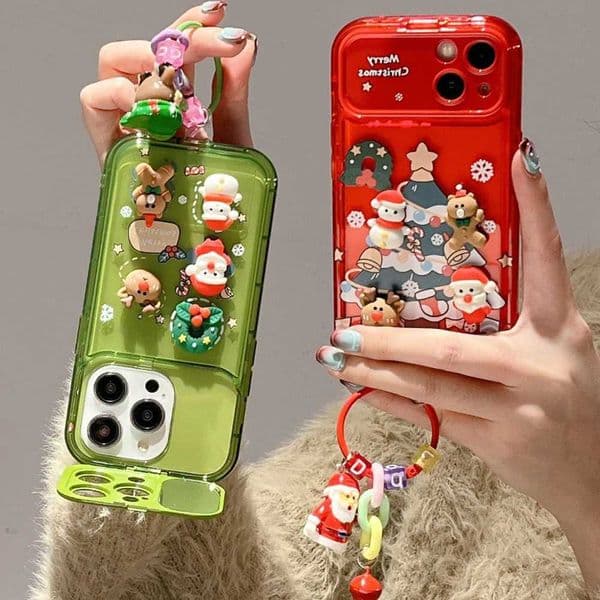 3D Christmas Stand Holder With Bell Pendant Phone Case For iPhone 17 16 15 14 13 12 11 Pro Max Plus Santa Claus Keychain CoverW251120