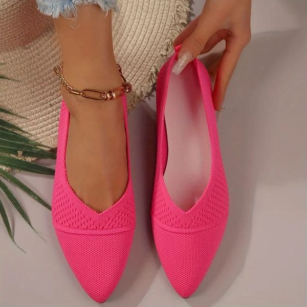 Womens Pointed Toe Flat Shoes Solid Color Knitted Sliding Casual Breathable Ballet 250420BJ