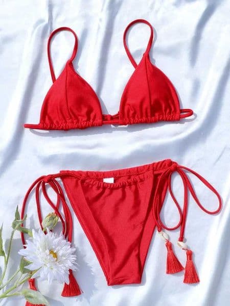ZRTAK String Beachwear Shell Tassel Red Bikini Sexy Swimsuit Womens Two Piece Biquini Swimsuit Triangle Bikini SetXJ250418
