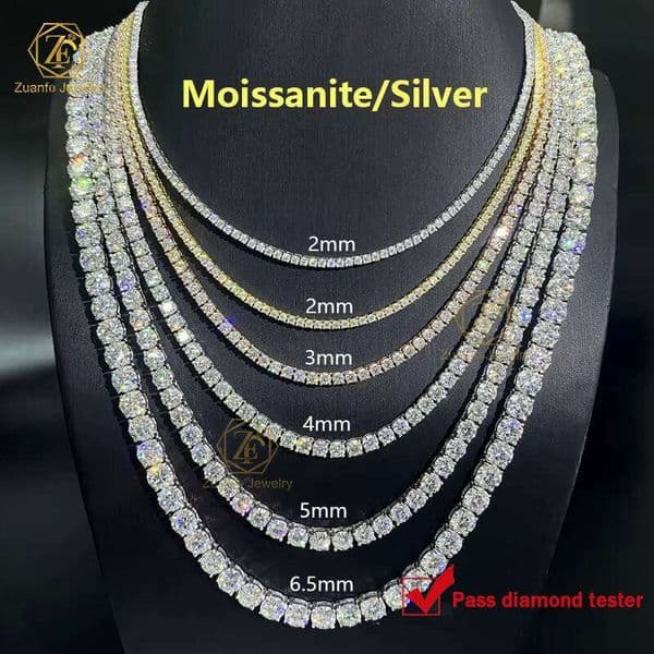 Cheap Hip Hop Iced Out VVS Sterling Sier Jewelry Charms 2MM 3MM 4MM 5MM 6.5MM Moissanite Men Tennis Chain Necklace