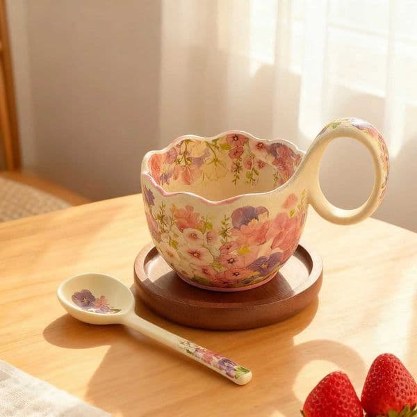 Floral Ceramic Cup and Spoon Set with Wooden Saucer 450ml Coffee Mug with Handle Vintage Tea Cup Gift for Home Kitchen Y251119