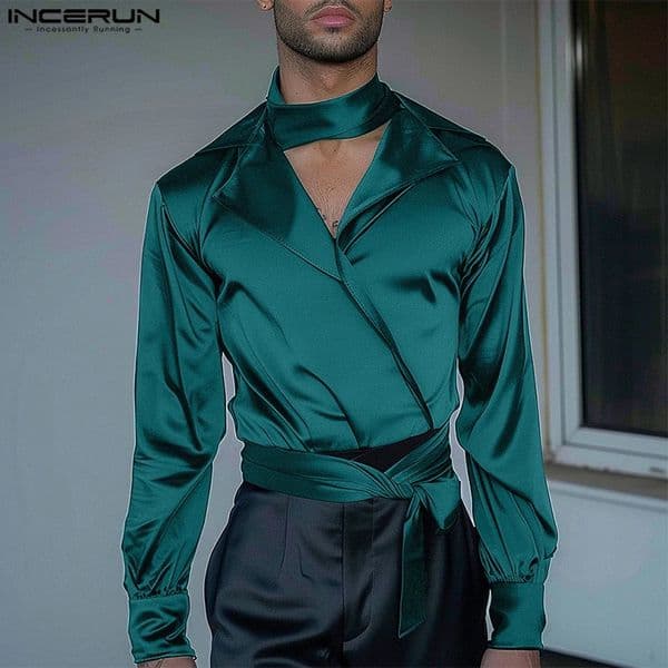 INCERUN mens fashion personalized satin n club shirt solid comfortable Vneck long sleeved 250420BJ