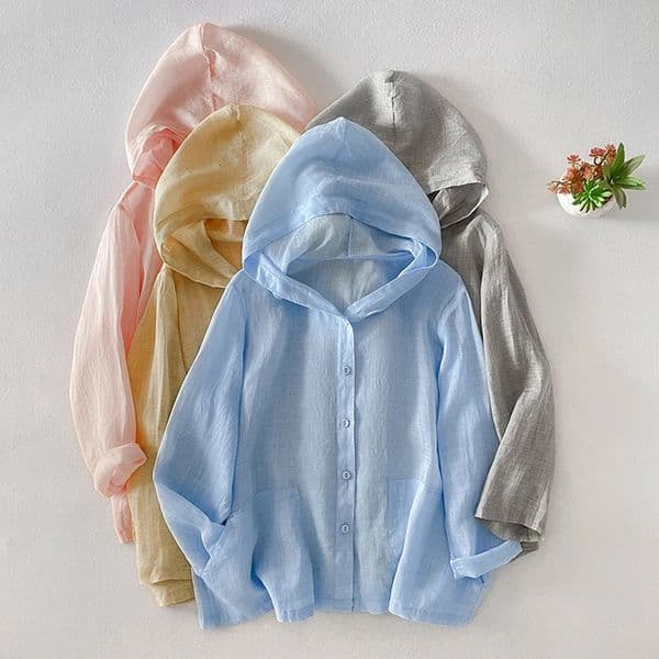 Ultra thin linen hoodie womens plus size summer style fashionable and elegant loose casual vacation sun protection airconditioned shirt 250418BJ