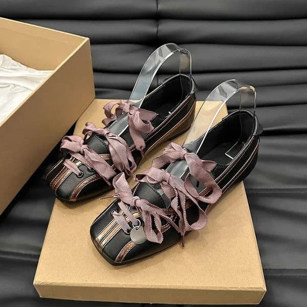 Womens ballet flats shoes splicing pumps bow ties square closed toe sandals comfortable low heel casual 250420BJ