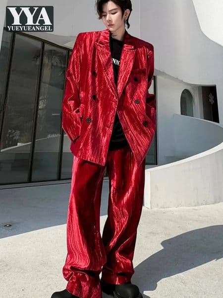 Mens loose velvet suit red double chest jacket pants twopiece set spring banquet party 250418BJ