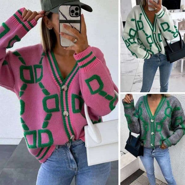 Women Cardigan Green Striped Pink Knit Button Lady Cardigans Sweaters V-Neck Loose Casual Autumn Winter Fashion Knitted Coat